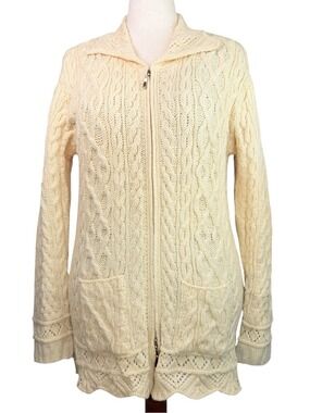 Inis Crafts Irish Merino Wool Aran Cable Knit Eyelet Scalloped Zip Cardigan  L
